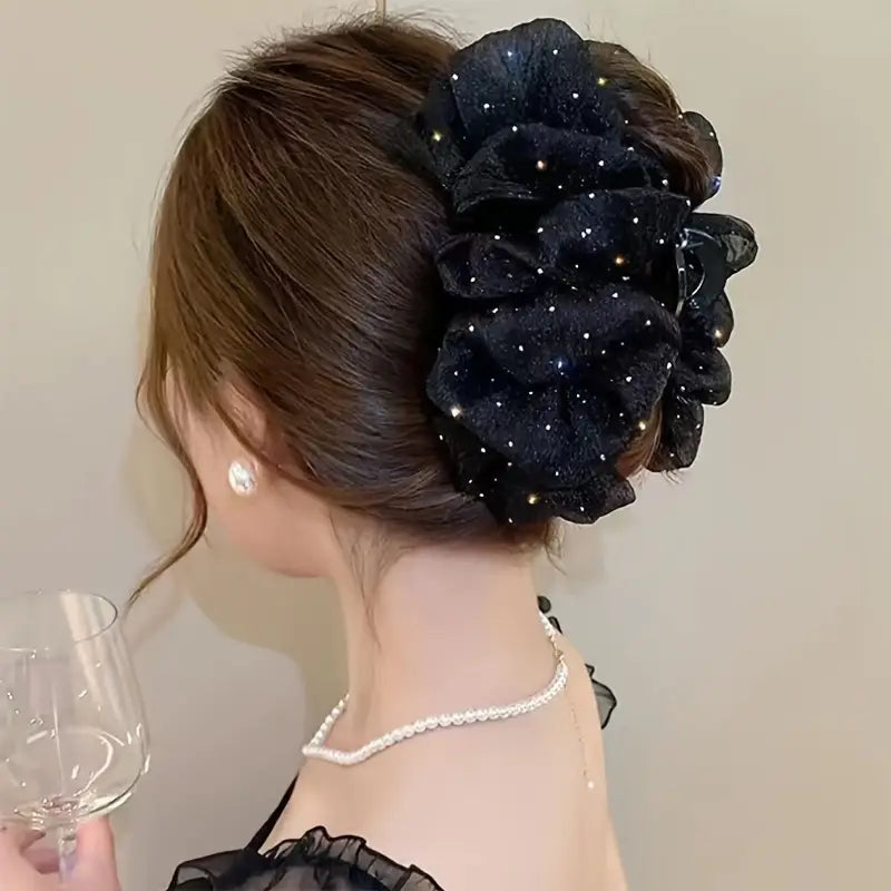 Mesh Bow Bubble Hair Claw Clip With Rhinestones
