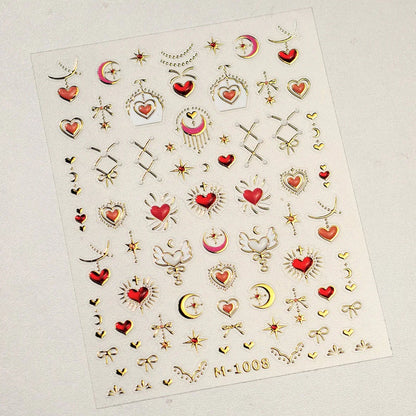 Gold Star Moon Nail Art Stickers Galaxy with Red Hearts Embossed Decals M527