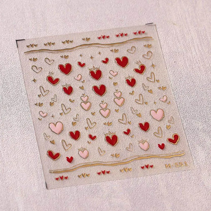 Gold Star Moon Nail Art Stickers Galaxy with Red Hearts Embossed Decals M527