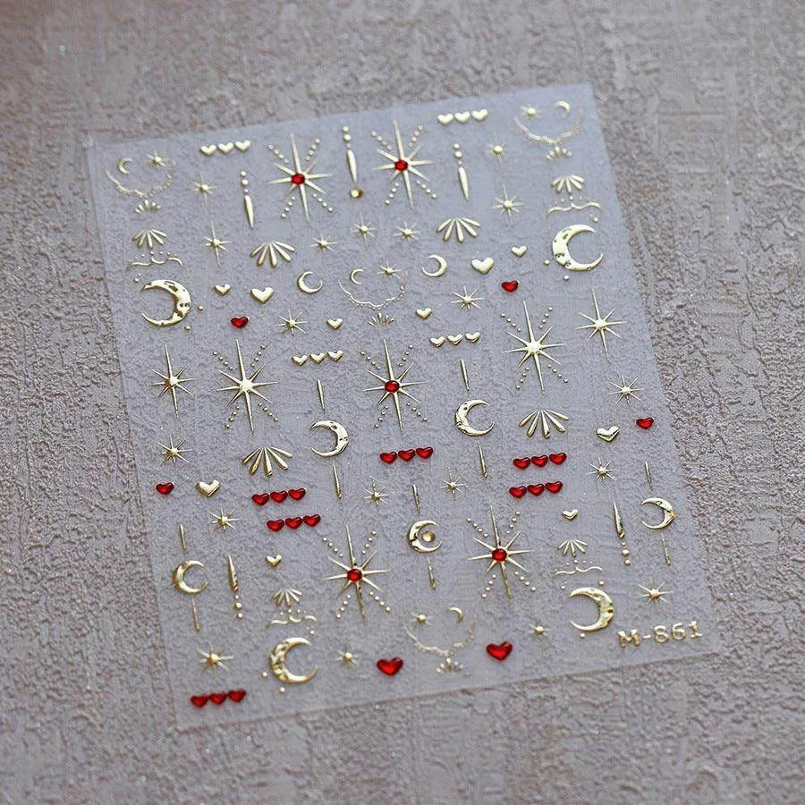 Gold Star Moon Nail Art Stickers Galaxy with Red Hearts Embossed Decals M527